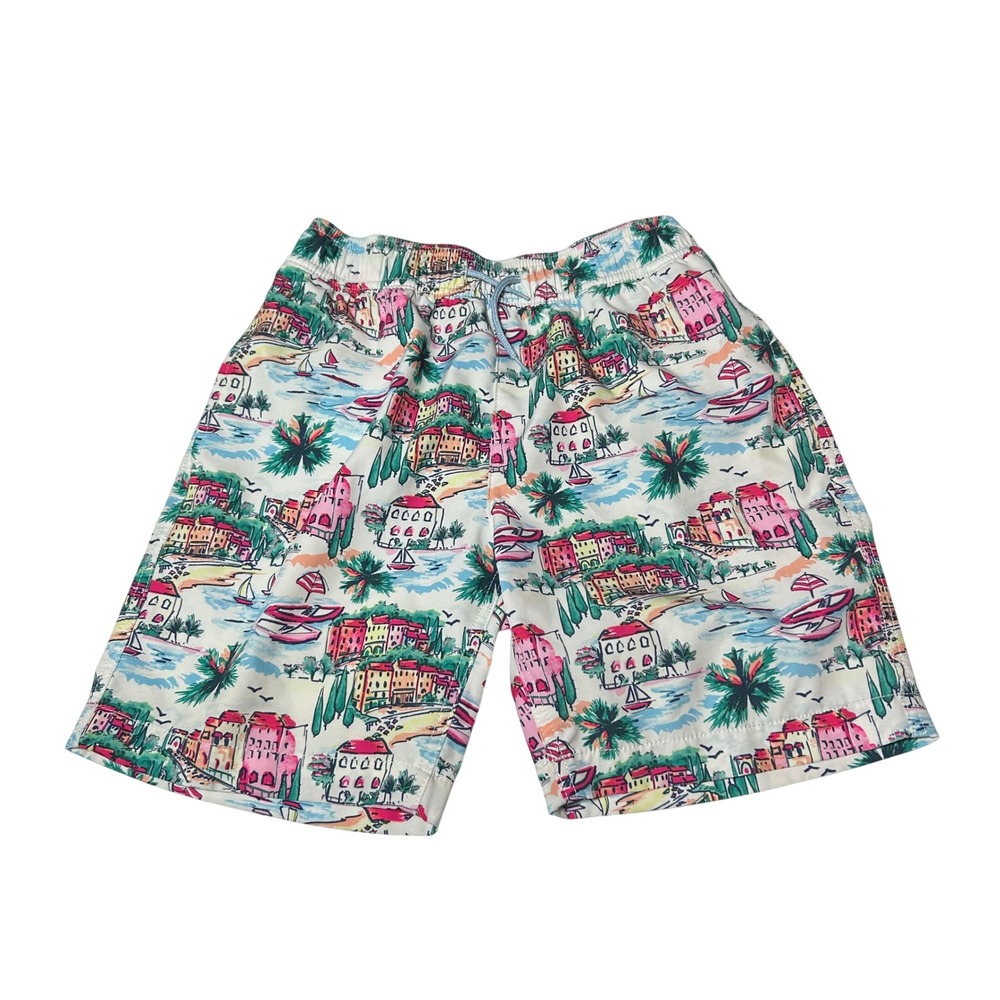 Crewcuts Boys Size 12 Swim Trunks Mediterranean Coastal Village Print Shorts